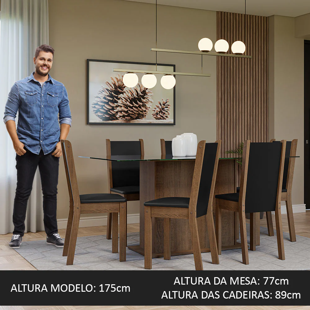 Conjunto Sala de Jantar Mesa Tampo de Vidro 6 Cadeiras Rustic/Preto Yolanda Madesa - Image 5