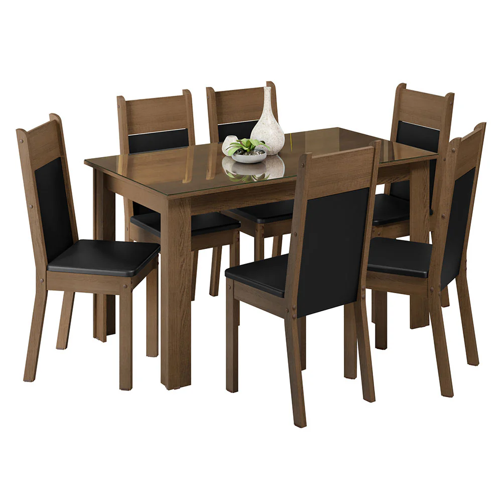 Conjunto Sala de Jantar Mesa Tampo de Vidro 6 Cadeiras Rustic/Preto Zoe Madesa - Image 2