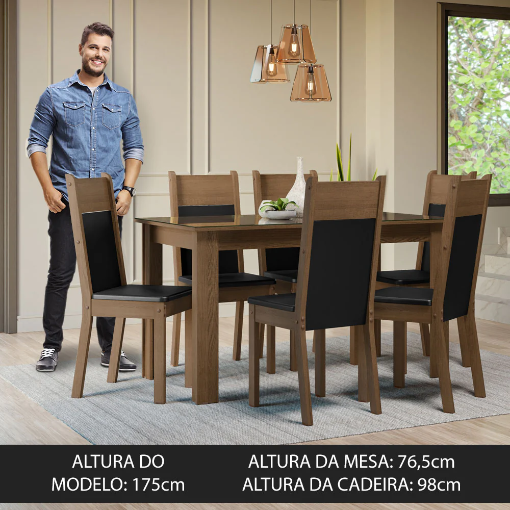 Conjunto Sala de Jantar Mesa Tampo de Vidro 6 Cadeiras Rustic/Preto Zoe Madesa - Image 4