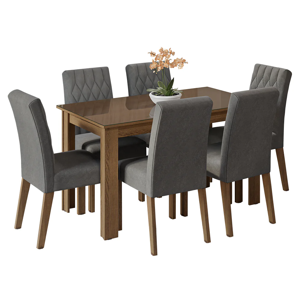 Conjunto Sala de Jantar Mesa Tampo de Vidro 6 Cadeiras Rustic/Silver Odara Madesa - Image 2