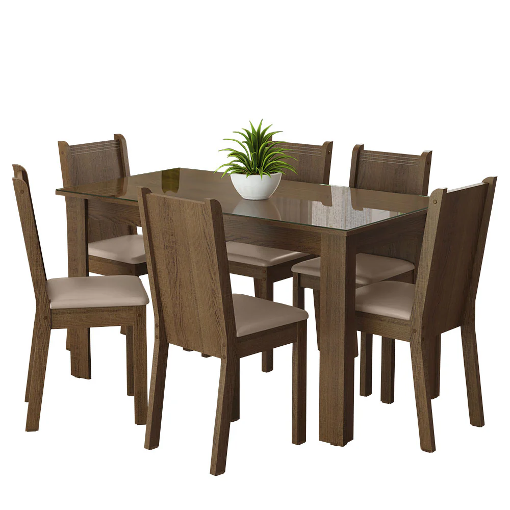 Conjunto Sala de Jantar Mesa Tampo de Vidro 6 Cadeiras Rustic/Sintético Bege Isla Madesa - Image 2