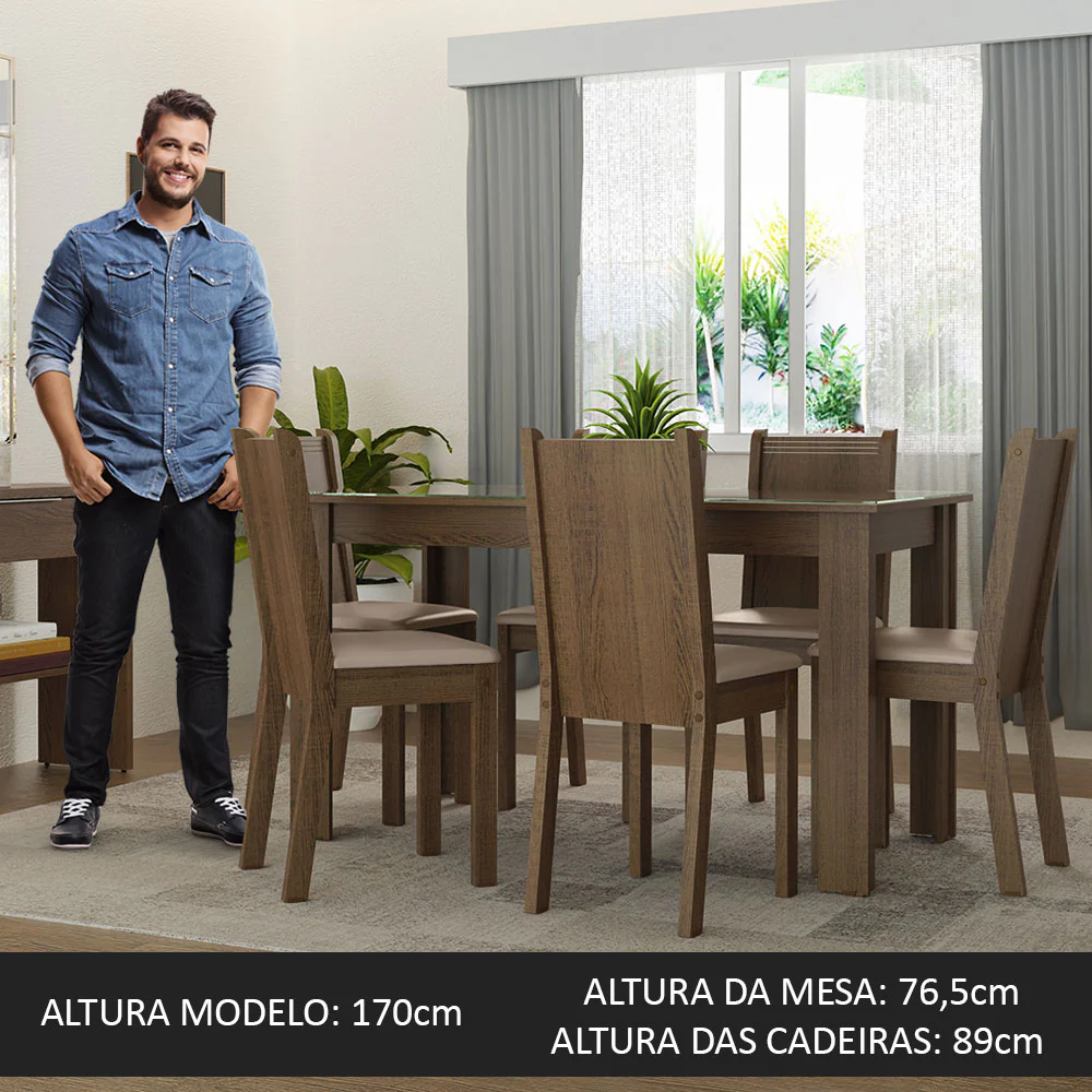 Conjunto Sala de Jantar Mesa Tampo de Vidro 6 Cadeiras Rustic/Sintético Bege Isla Madesa - Image 4