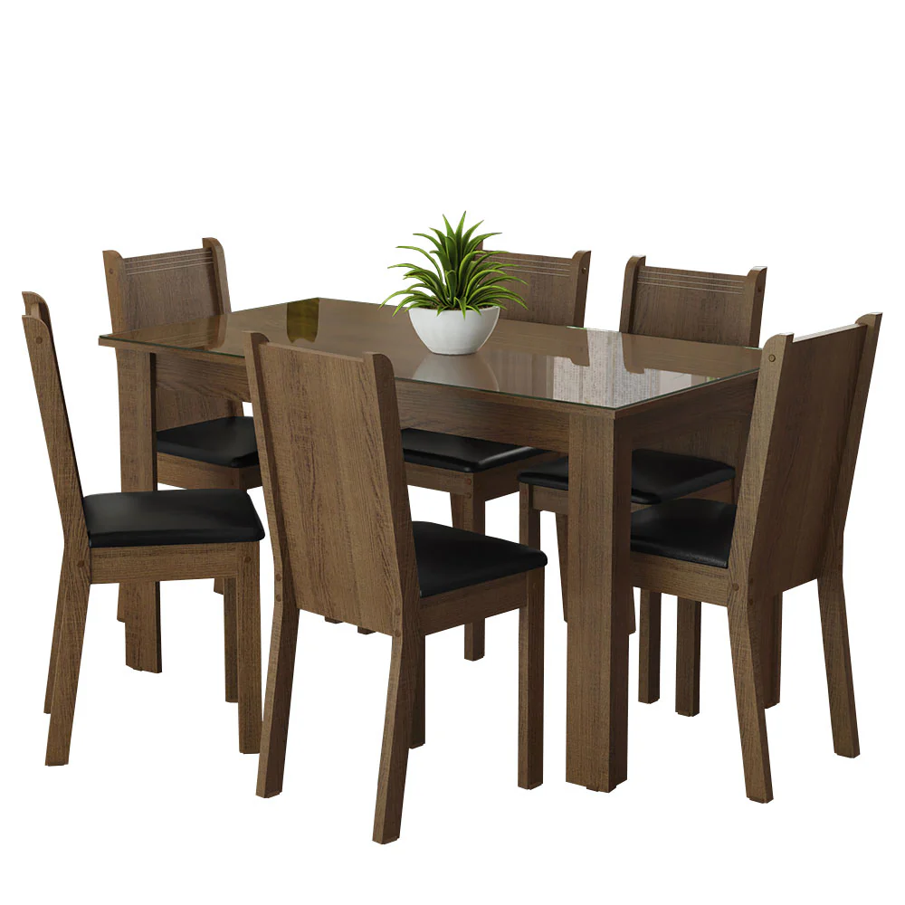 Conjunto Sala de Jantar Mesa Tampo de Vidro 6 Cadeiras Rustic/Sintético Preto Isla Madesa - Image 2