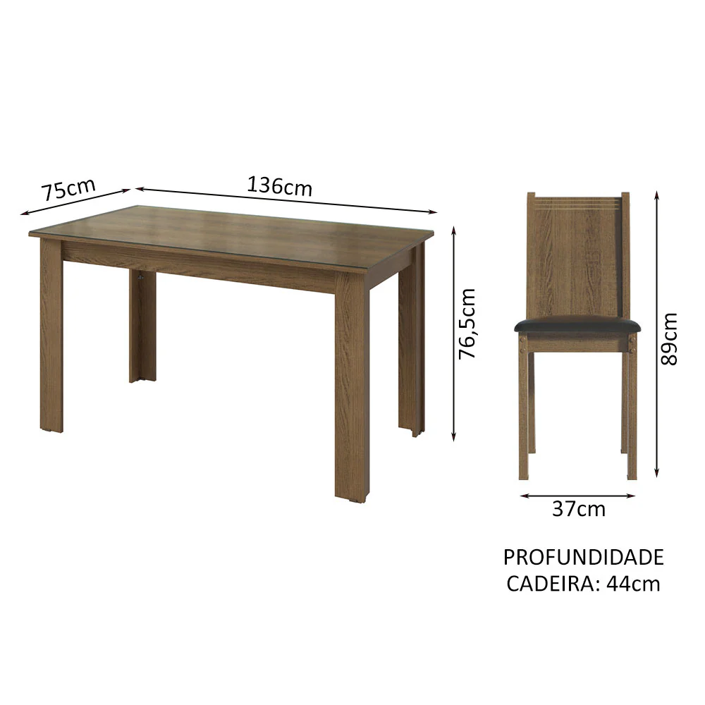 Conjunto Sala de Jantar Mesa Tampo de Vidro 6 Cadeiras Rustic/Sintético Preto Isla Madesa - Image 3