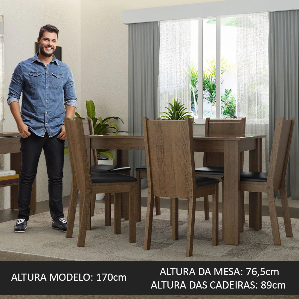 Conjunto Sala de Jantar Mesa Tampo de Vidro 6 Cadeiras Rustic/Sintético Preto Isla Madesa - Image 4