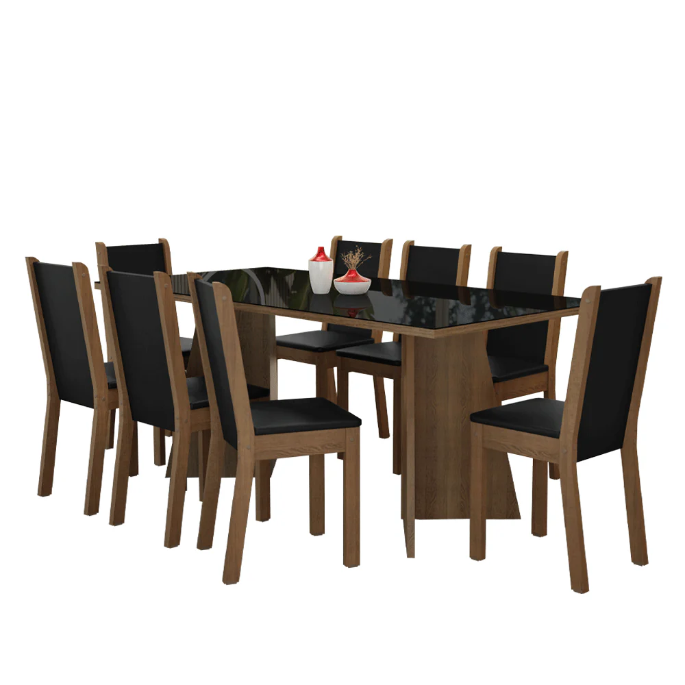 Conjunto Sala de Jantar Mesa Tampo de Vidro 8 Cadeiras Rustic/Preto Justine Madesa - Image 2