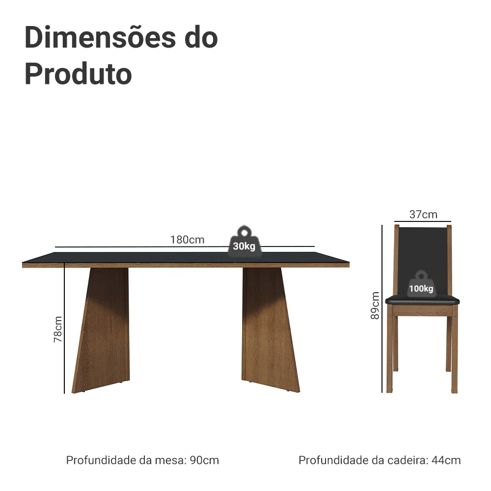 Conjunto Sala de Jantar Mesa Tampo de Vidro 8 Cadeiras Rustic/Preto Justine Madesa - Image 3