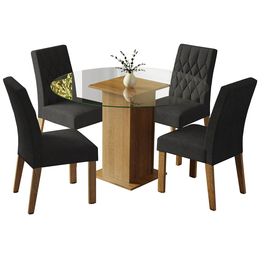 Conjunto Sala de Jantar Mesa Tampo de Vidro Redondo 4 Cadeiras Rustic/Oxford Irene Madesa - Image 2
