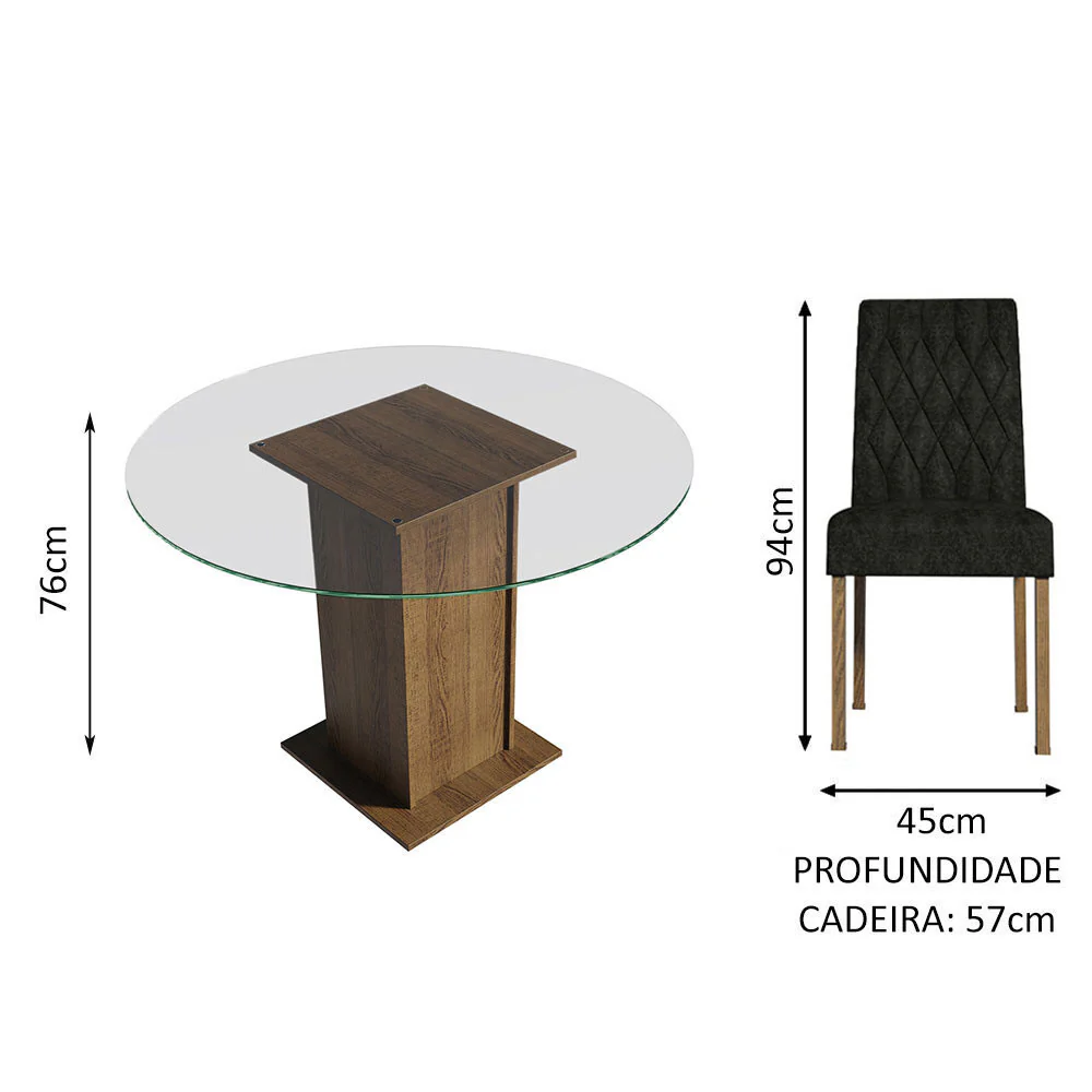 Conjunto Sala de Jantar Mesa Tampo de Vidro Redondo 4 Cadeiras Rustic/Oxford Irene Madesa - Image 3