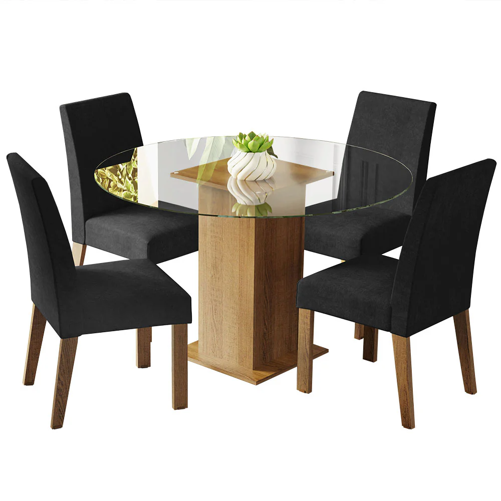 Conjunto Sala de Jantar Mesa Tampo de Vidro Redondo 4 Cadeiras Rustic/Oxford Mile Madesa - Image 2