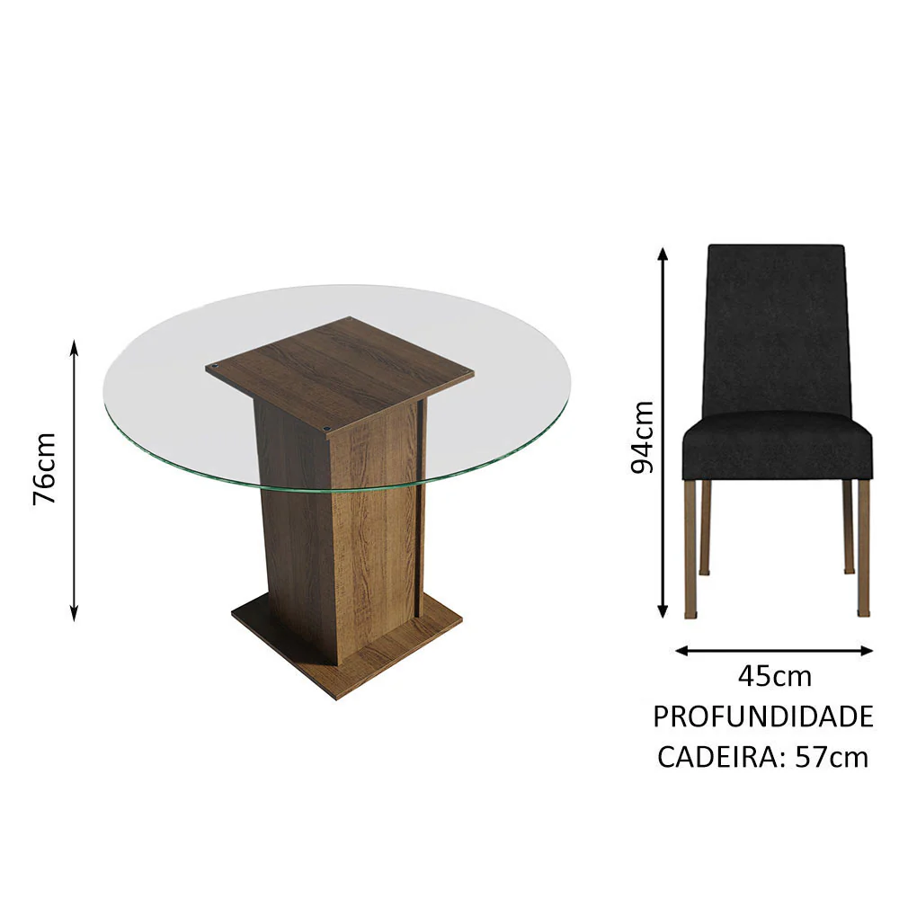 Conjunto Sala de Jantar Mesa Tampo de Vidro Redondo 4 Cadeiras Rustic/Oxford Mile Madesa - Image 3