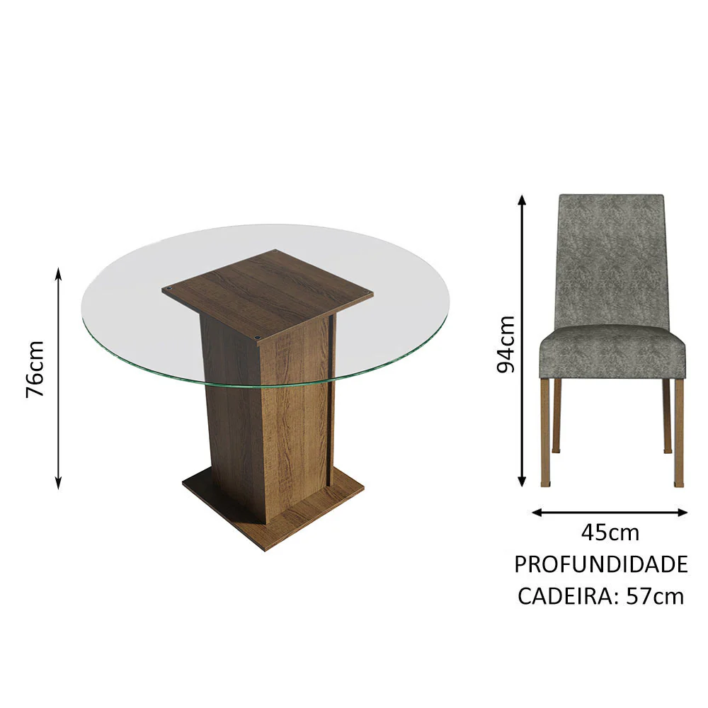 Conjunto Sala de Jantar Mesa Tampo de Vidro Redondo 4 Cadeiras Rustic/Silver Mile Madesa - Image 4
