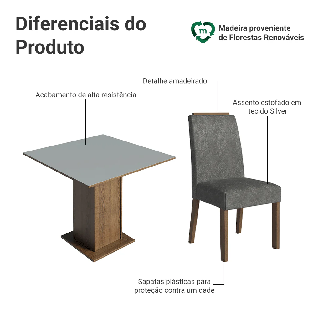 Conjunto Sala de Jantar Tampo de Madeira 4 Cadeiras Rustic/Cinza/Silver Aspen Madesa - Image 4