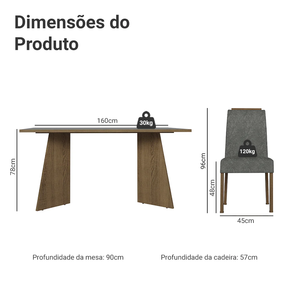 Conjunto Sala de Jantar Tampo de Madeira 4 Cadeiras Rustic/Cinza/Silver Évora Madesa - Image 3