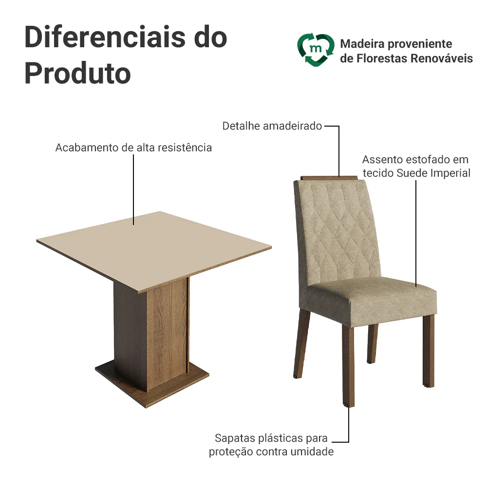 Conjunto Sala de Jantar Tampo de Madeira 4 Cadeiras Rustic/Crema/Imperial Cannes Madesa - Image 4