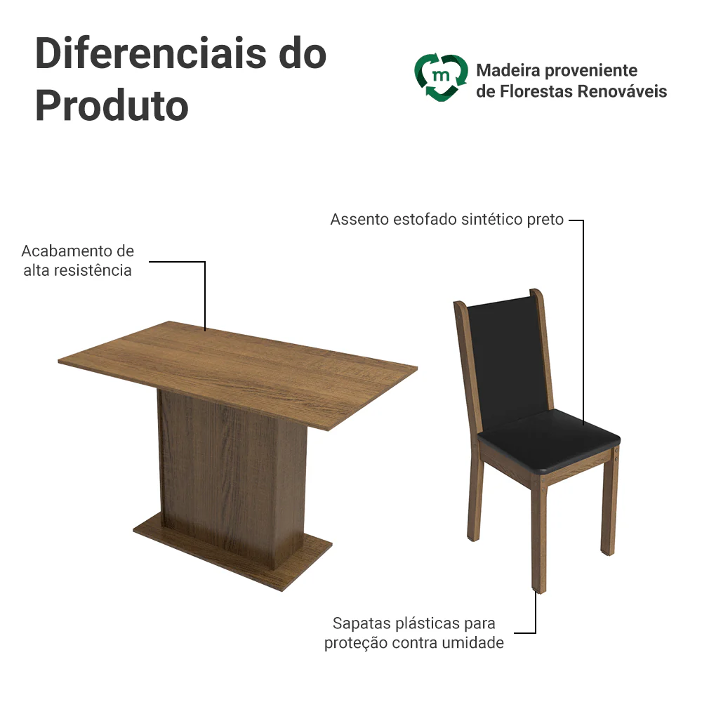 Conjunto Sala de Jantar Tampo de Madeira 4 Cadeiras Rustic/Preto Dover Madesa - Image 4