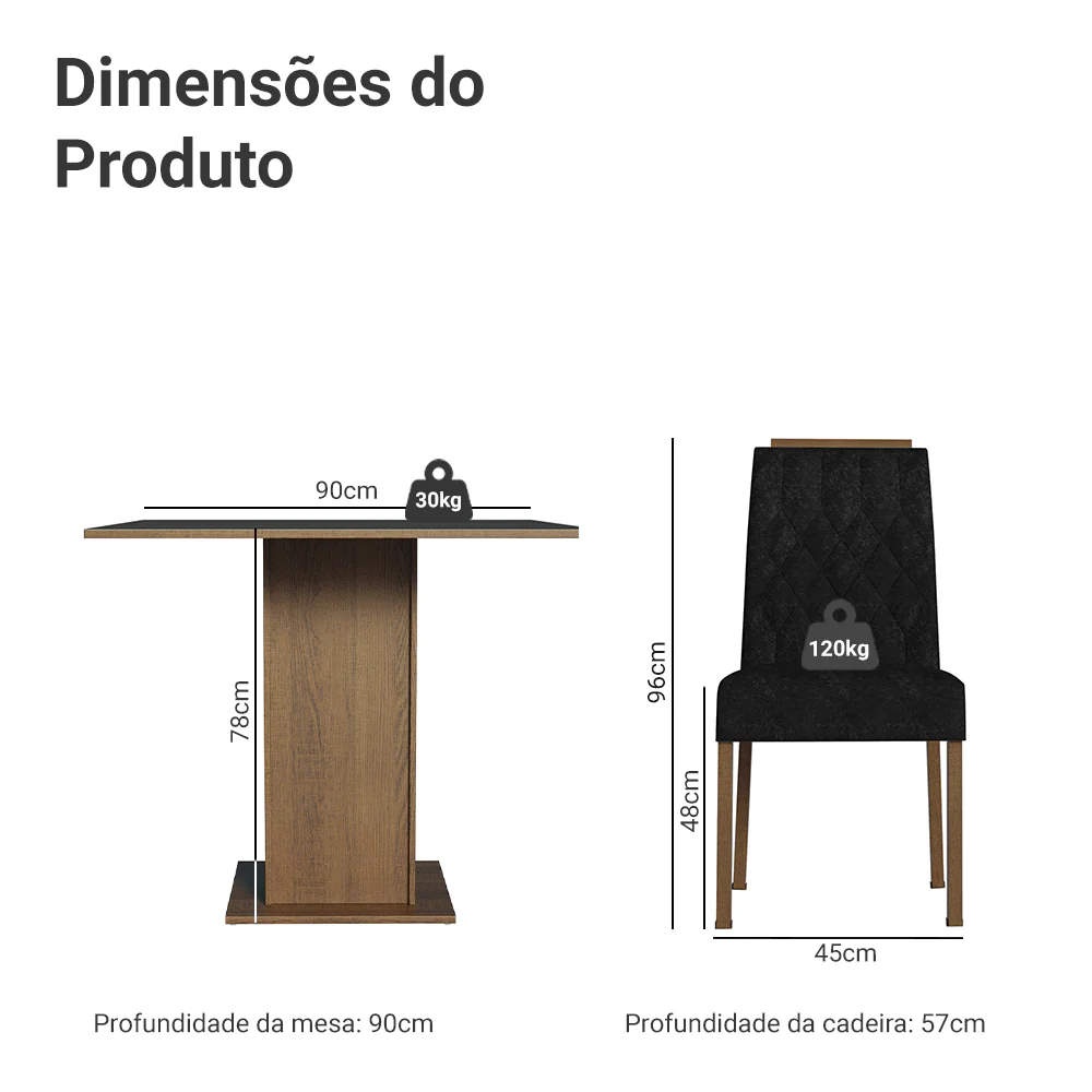 Conjunto Sala de Jantar Tampo de Madeira 4 Cadeiras Rustic/Preto/Oxford Cannes Madesa - Image 3