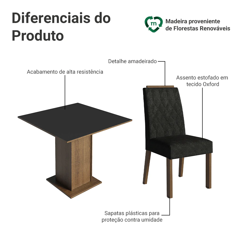 Conjunto Sala de Jantar Tampo de Madeira 4 Cadeiras Rustic/Preto/Oxford Cannes Madesa - Image 4