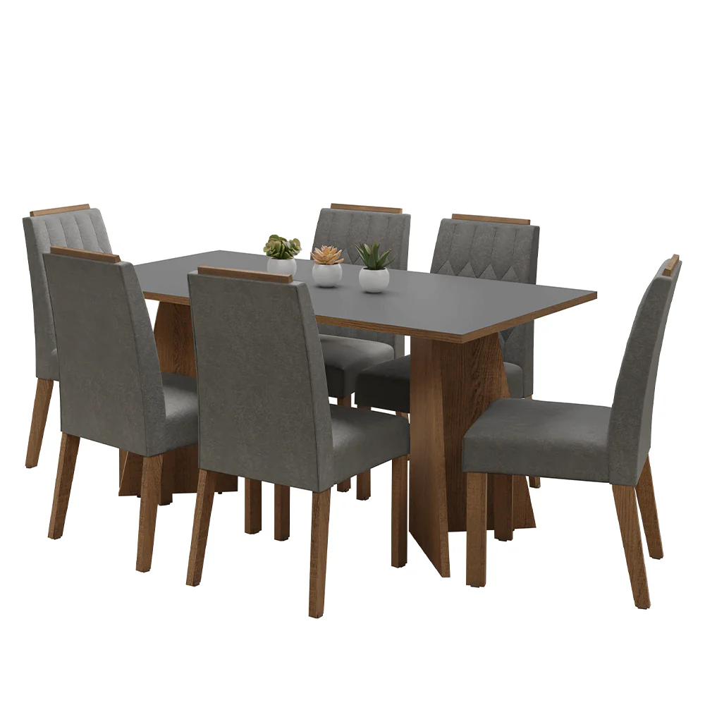 Conjunto Sala de Jantar Tampo de Madeira 6 Cadeiras Rustic/Cinza/Silver Leon Madesa - Image 2