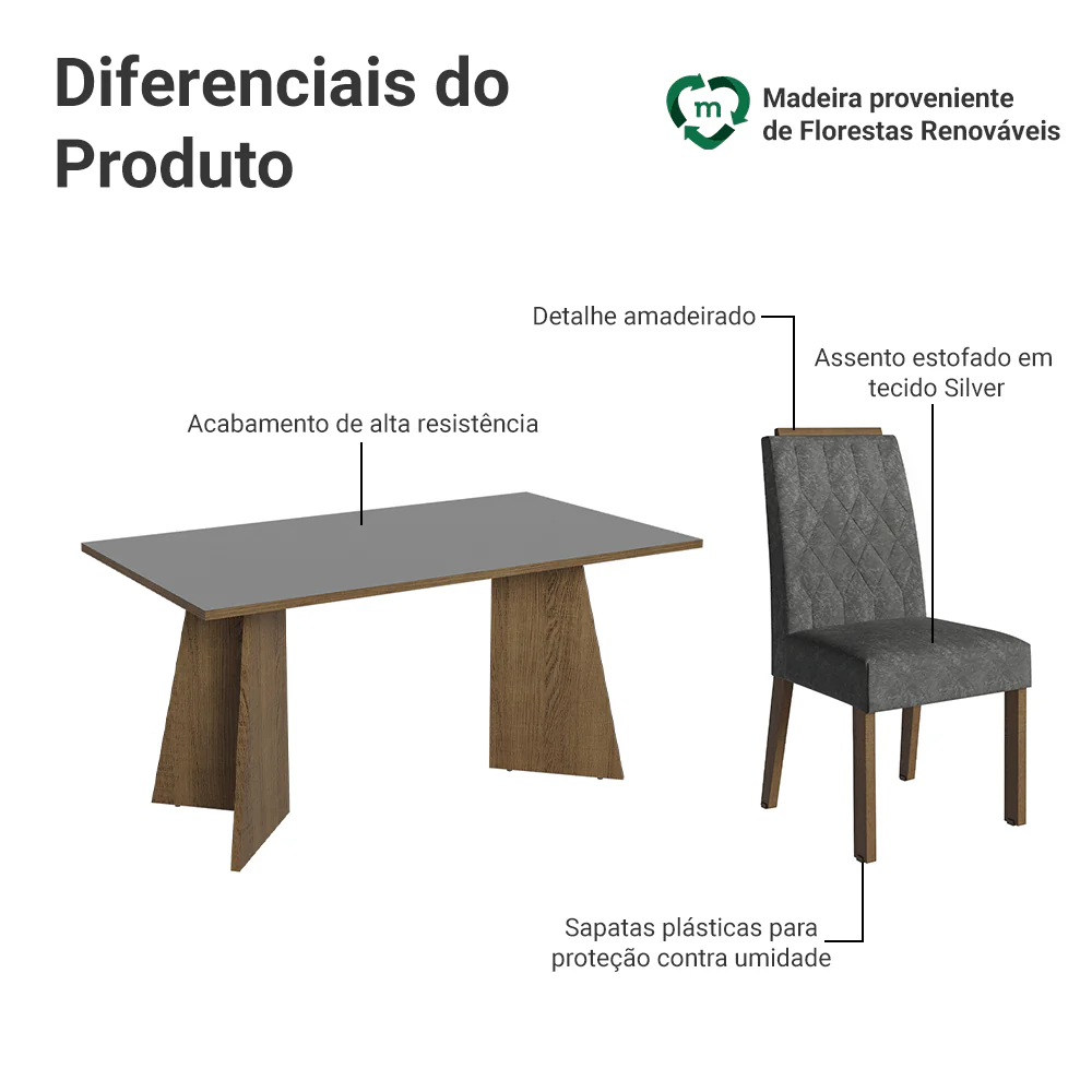 Conjunto Sala de Jantar Tampo de Madeira 6 Cadeiras Rustic/Cinza/Silver Leon Madesa - Image 4