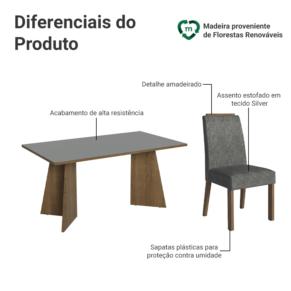 Conjunto Sala de Jantar Tampo de Madeira 6 Cadeiras Rustic/Cinza/Silver Soho Madesa - Image 4