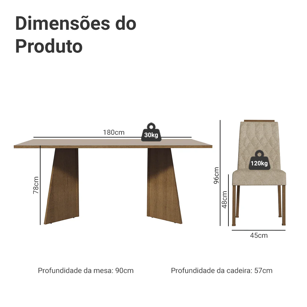 Conjunto Sala de Jantar Tampo de Madeira 6 Cadeiras Rustic/Crema/Imperial York Madesa - Image 3