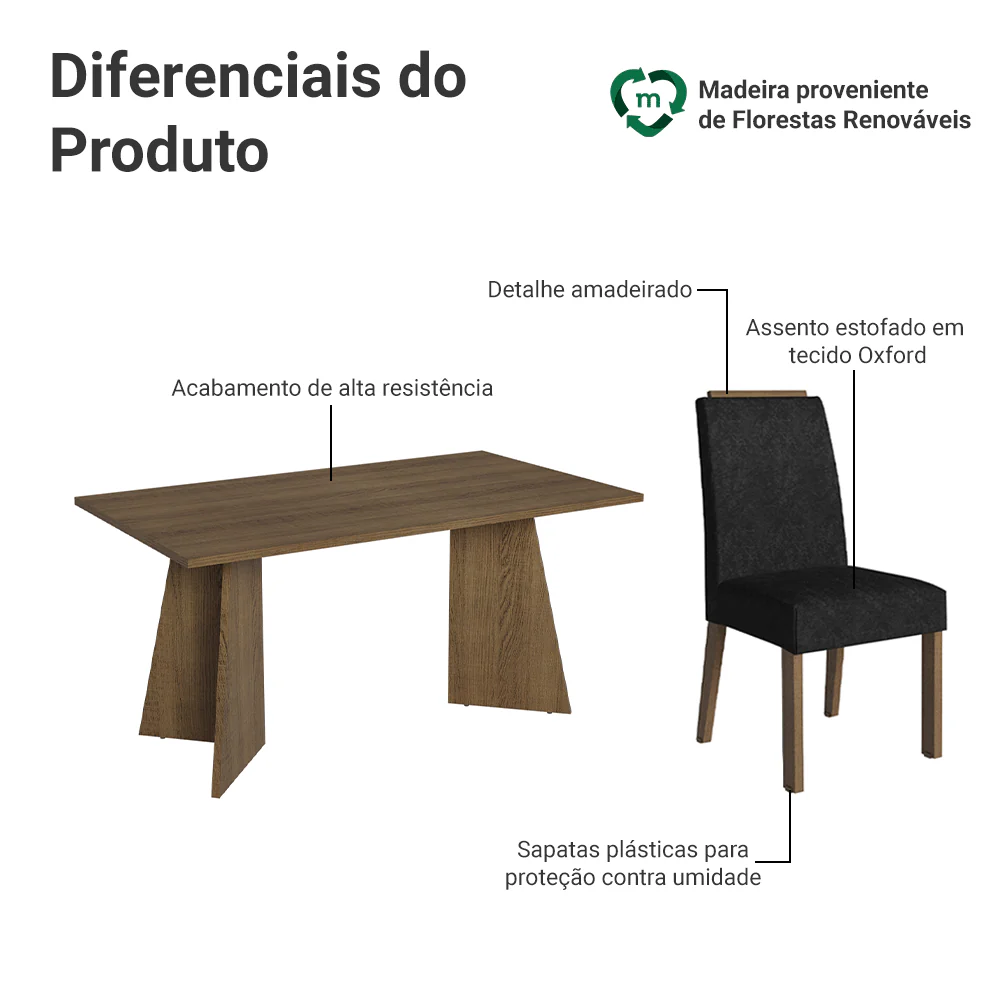Conjunto Sala de Jantar Tampo de Madeira 6 Cadeiras Rustic/Oxford Soho Madesa - Image 4