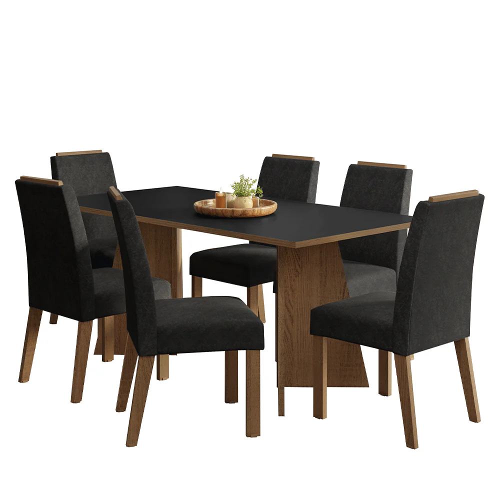 Conjunto Sala de Jantar Tampo de Madeira 6 Cadeiras Rustic/Preto/Oxford Minsk Madesa - Image 2