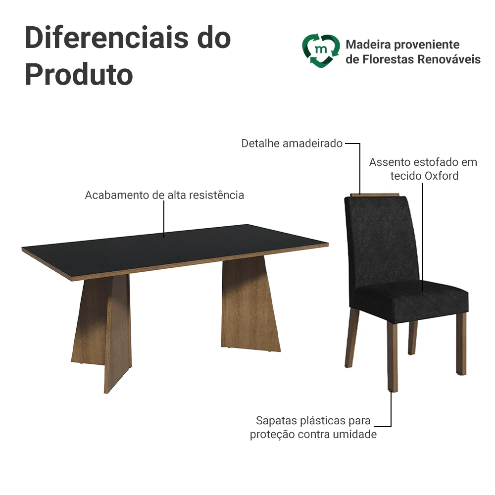 Conjunto Sala de Jantar Tampo de Madeira 6 Cadeiras Rustic/Preto/Oxford Minsk Madesa - Image 4