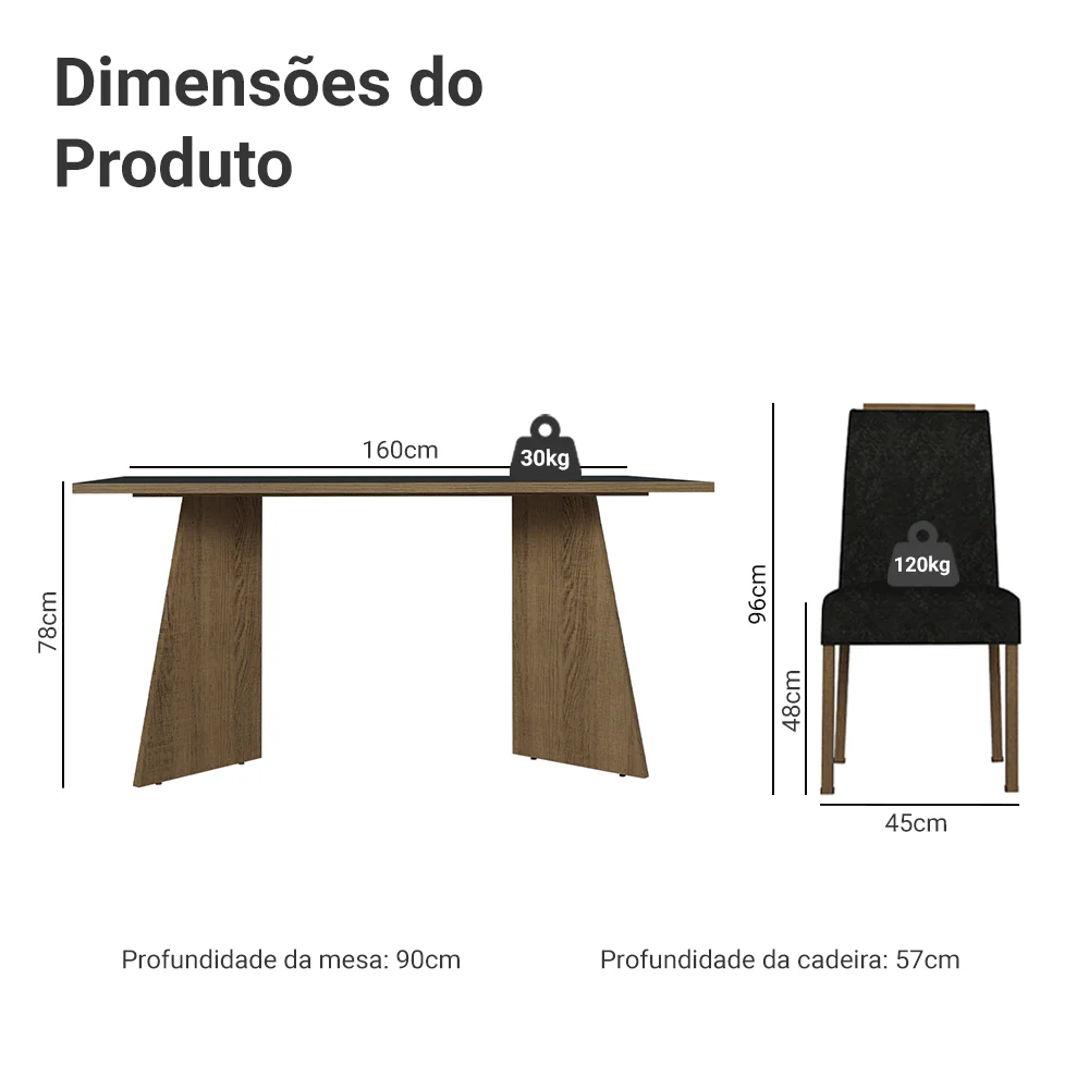 Conjunto Sala de Jantar Tampo de Madeira 6 Cadeiras Rustic/Preto/Oxford Soho Madesa - Image 3