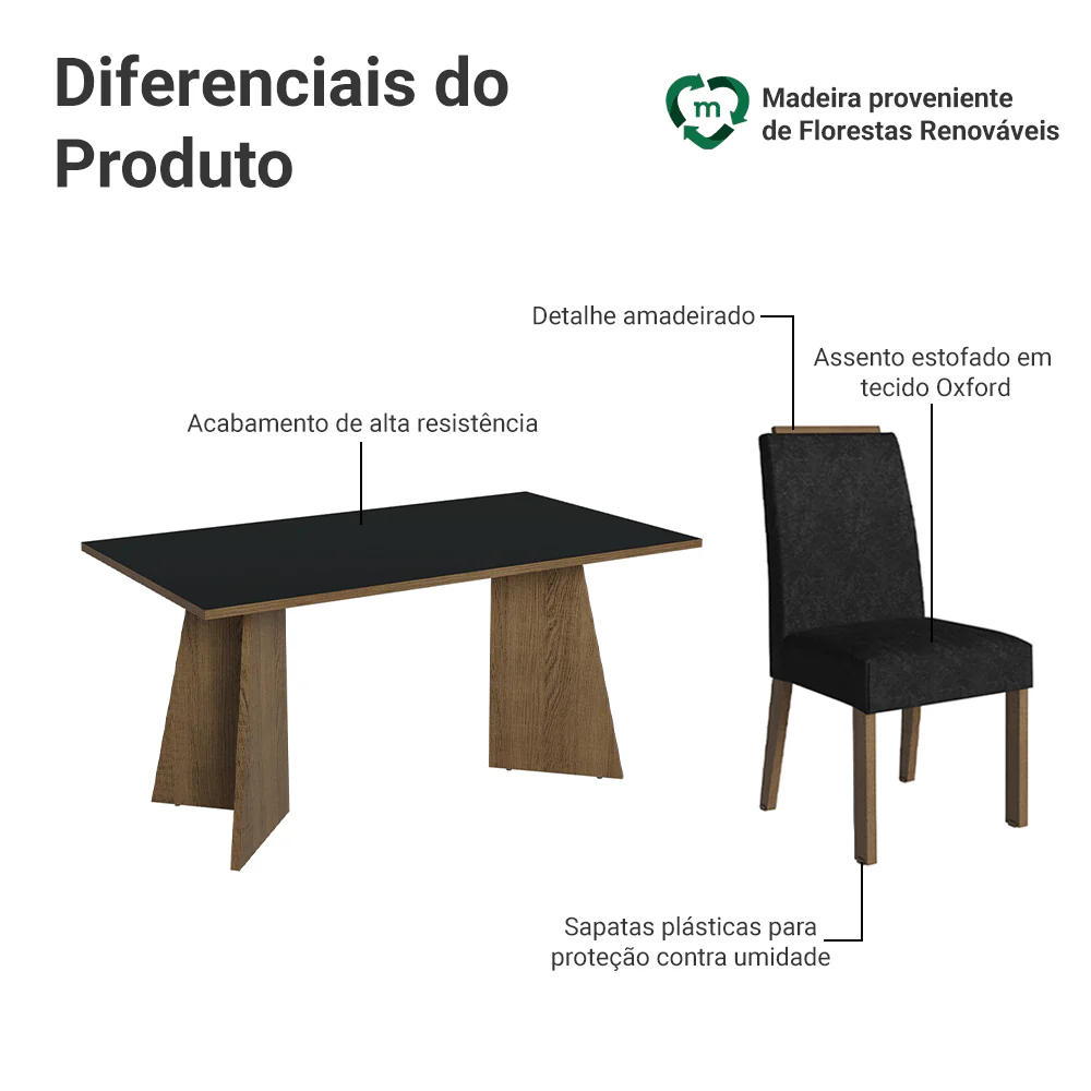 Conjunto Sala de Jantar Tampo de Madeira 6 Cadeiras Rustic/Preto/Oxford Soho Madesa - Image 4