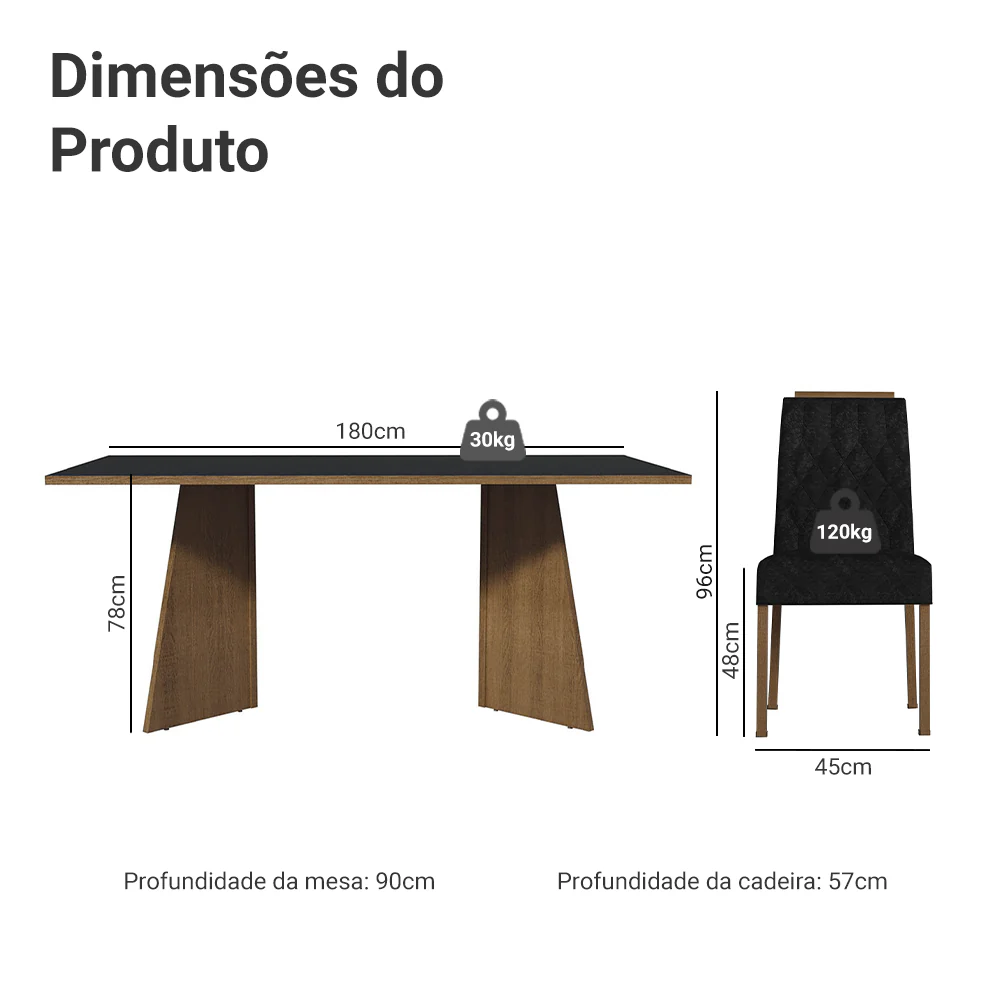 Conjunto Sala de Jantar Tampo de Madeira 6 Cadeiras Rustic/Preto/Oxford York Madesa - Image 3