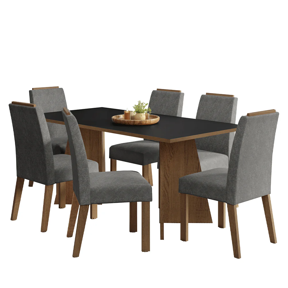 Conjunto Sala de Jantar Tampo de Madeira 6 Cadeiras Rustic/Preto/Silver Minsk Madesa - Image 2