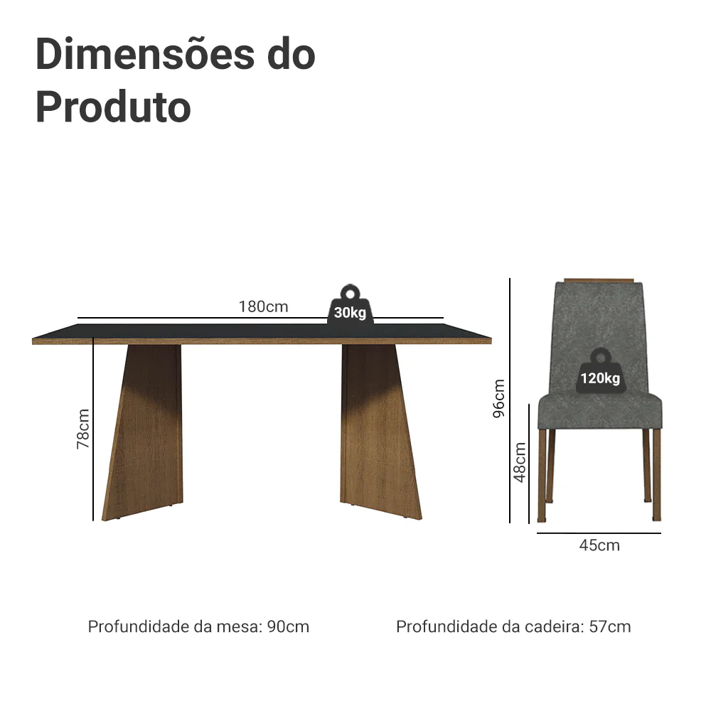 Conjunto Sala de Jantar Tampo de Madeira 6 Cadeiras Rustic/Preto/Silver Minsk Madesa - Image 3