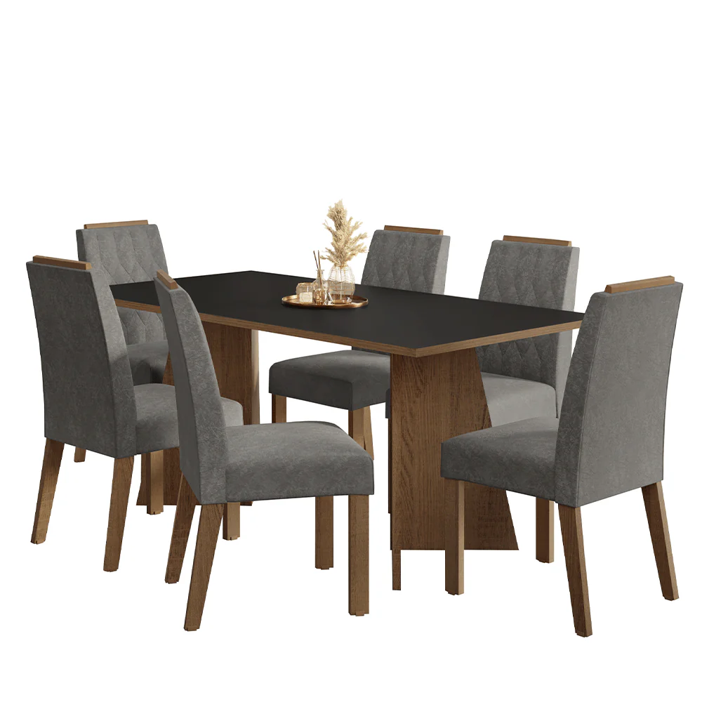 Conjunto Sala de Jantar Tampo de Madeira 6 Cadeiras Rustic/Preto/Silver York Madesa - Image 2