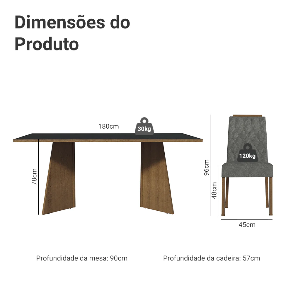 Conjunto Sala de Jantar Tampo de Madeira 6 Cadeiras Rustic/Preto/Silver York Madesa - Image 3