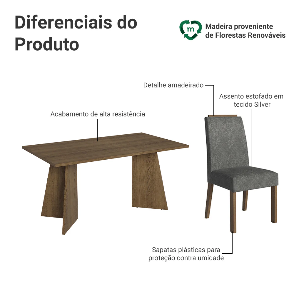 Conjunto Sala de Jantar Tampo de Madeira 6 Cadeiras Rustic/Silver Soho Madesa - Image 4