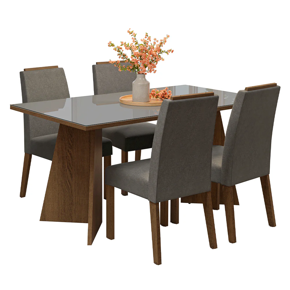 Conjunto Sala de Jantar Tampo de Vidro 4 Cadeiras Rustic/Cinza/Silver Braga Madesa - Image 2