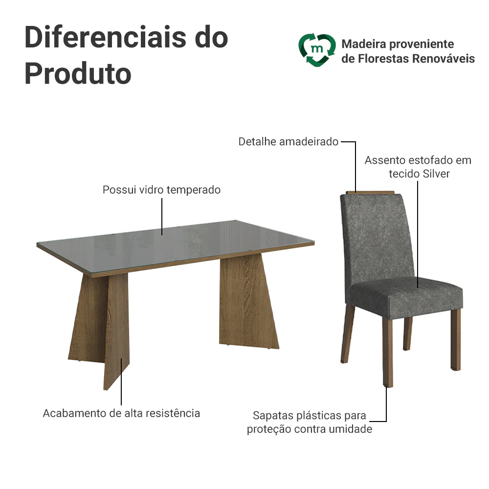 Conjunto Sala de Jantar Tampo de Vidro 4 Cadeiras Rustic/Cinza/Silver Braga Madesa - Image 4