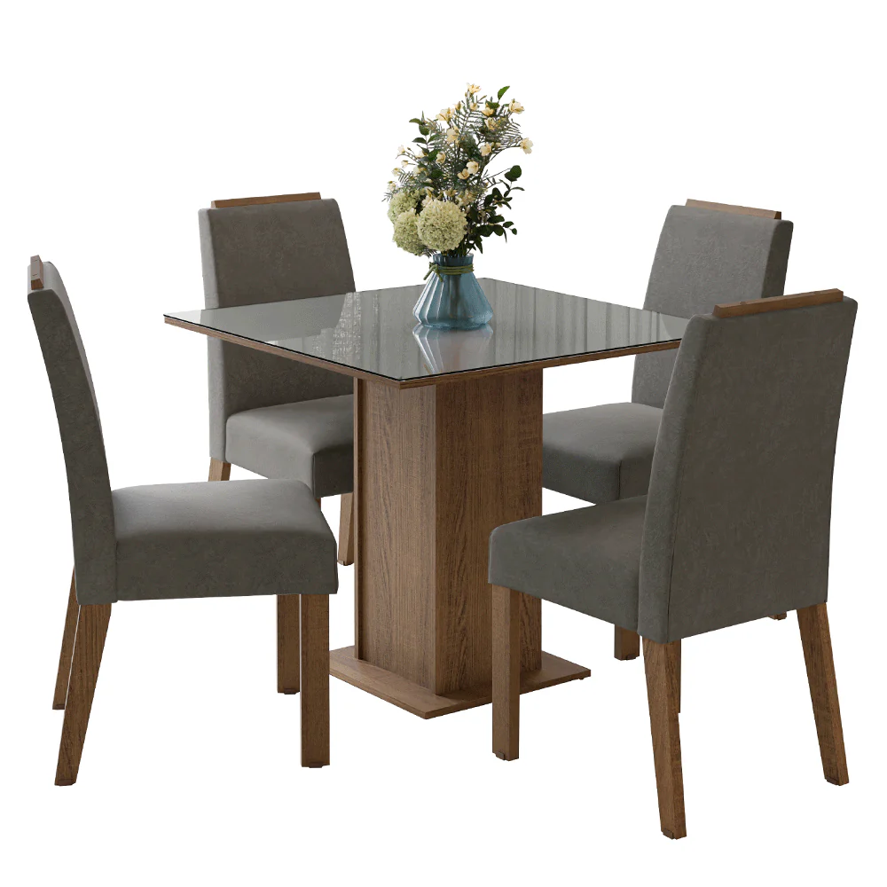 Conjunto Sala de Jantar Tampo de Vidro 4 Cadeiras Rustic/Cinza/Silver Sines Madesa - Image 2