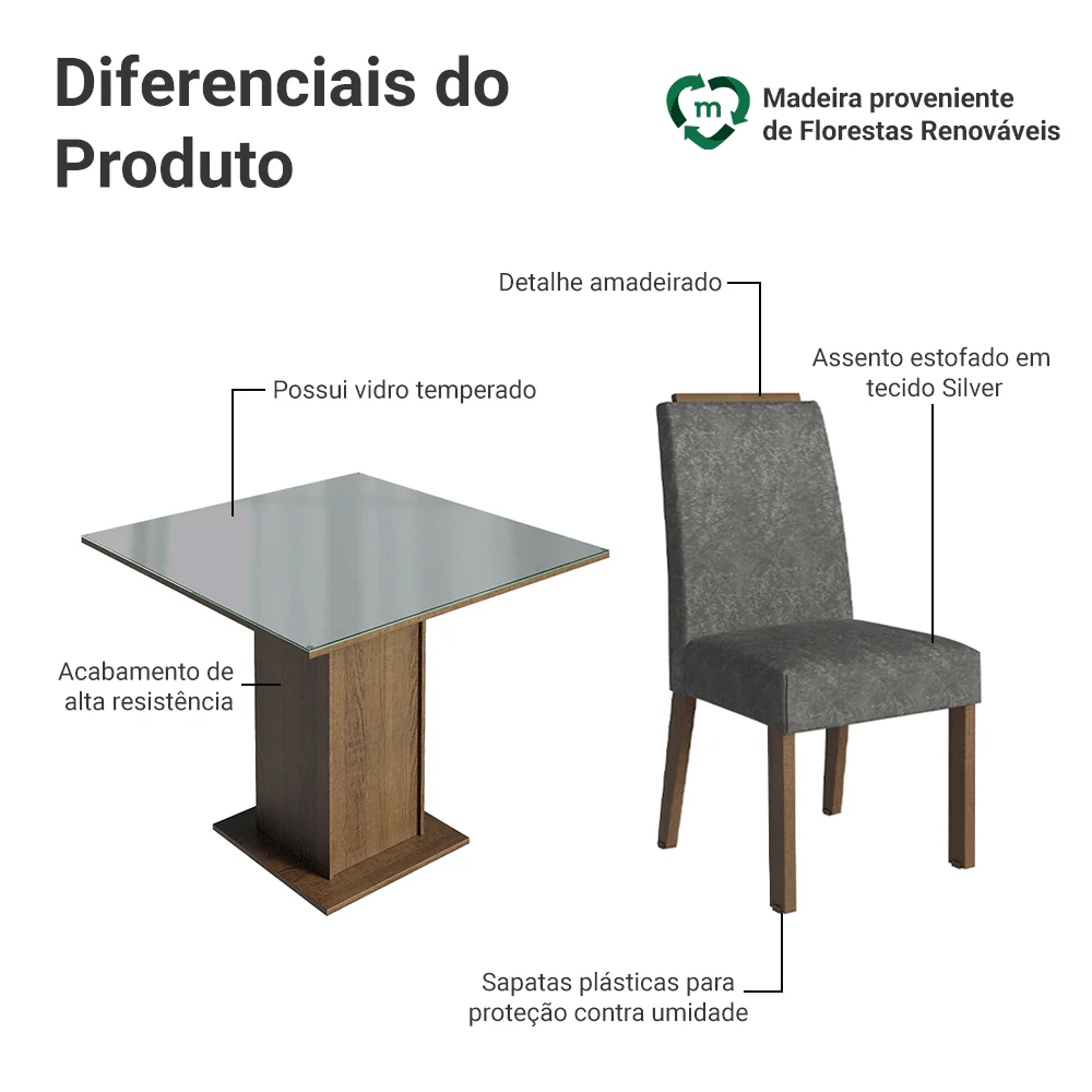 Conjunto Sala de Jantar Tampo de Vidro 4 Cadeiras Rustic/Cinza/Silver Sines Madesa - Image 4