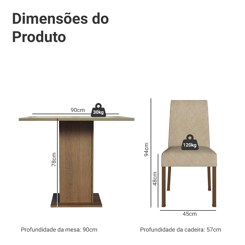 Conjunto Sala de Jantar Tampo de Vidro 4 Cadeiras Rustic/Crema/Imperial Nevada Madesa - Image 3
