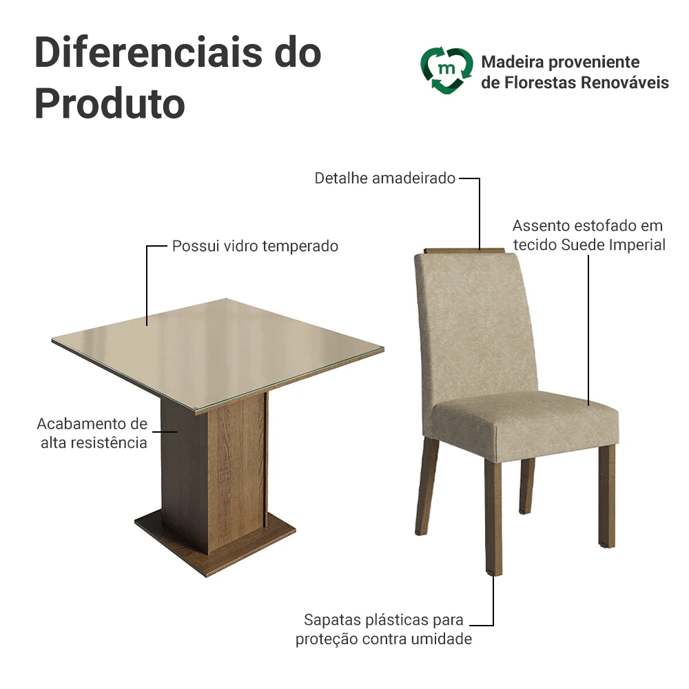 Conjunto Sala de Jantar Tampo de Vidro 4 Cadeiras Rustic/Crema/Imperial Sines Madesa - Image 4