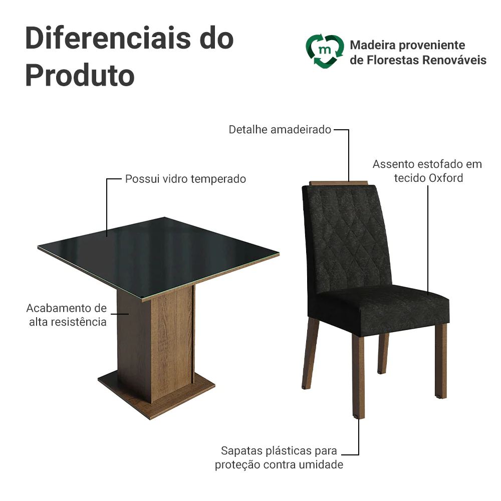 Conjunto Sala de Jantar Tampo de Vidro 4 Cadeiras Rustic/Preto/Oxford Capri Madesa - Image 4