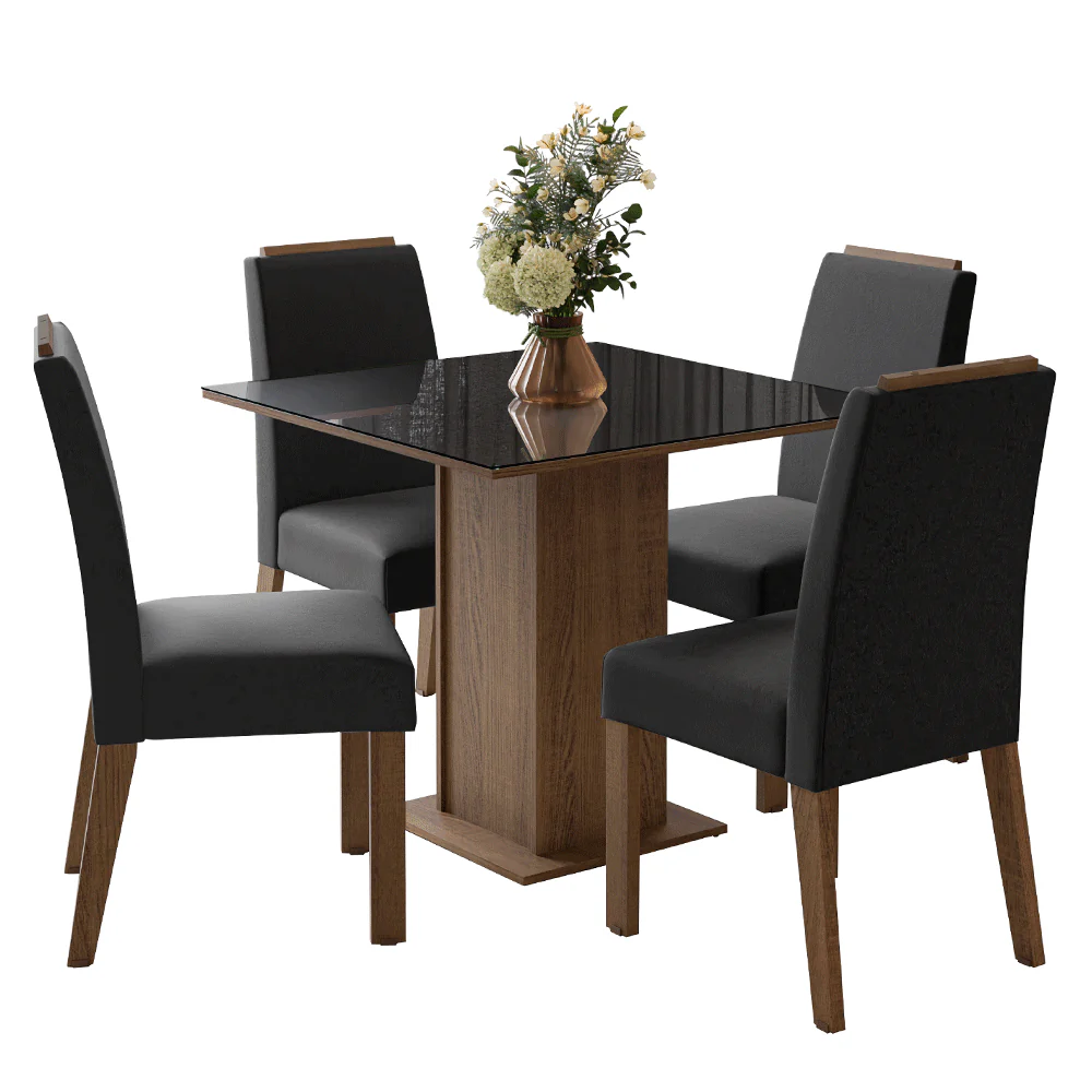 Conjunto Sala de Jantar Tampo de Vidro 4 Cadeiras Rustic/Preto/Oxford Sines Madesa - Image 2