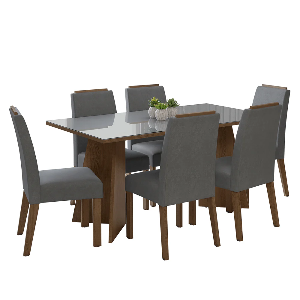 Conjunto Sala de Jantar Tampo de Vidro 6 Cadeiras Rustic/Cinza/Silver Madrid Madesa - Image 2