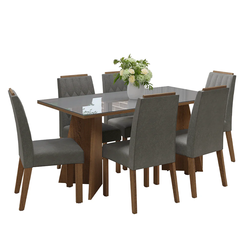 Conjunto Sala de Jantar Tampo de Vidro 6 Cadeiras Rustic/Cinza/Silver Sintra Madesa - Image 2