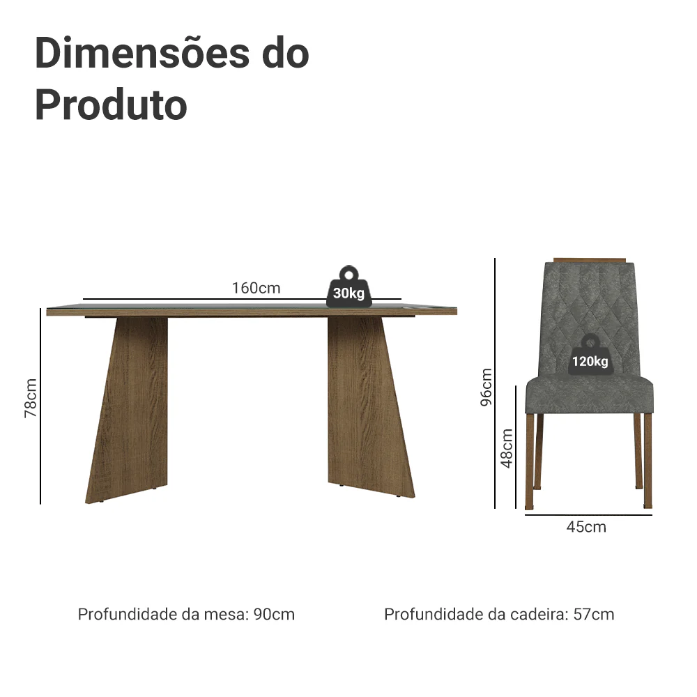 Conjunto Sala de Jantar Tampo de Vidro 6 Cadeiras Rustic/Cinza/Silver Sintra Madesa - Image 3