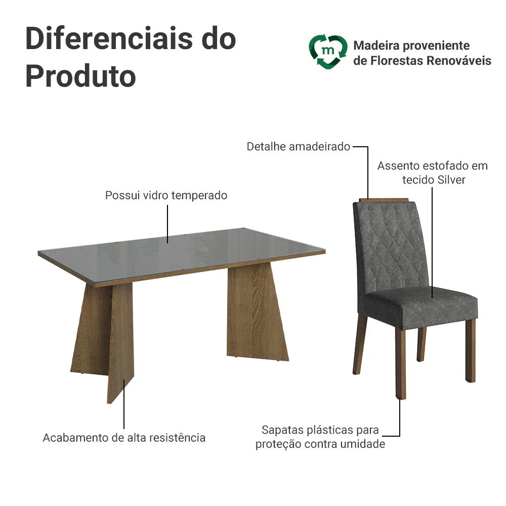 Conjunto Sala de Jantar Tampo de Vidro 6 Cadeiras Rustic/Cinza/Silver Sintra Madesa - Image 4