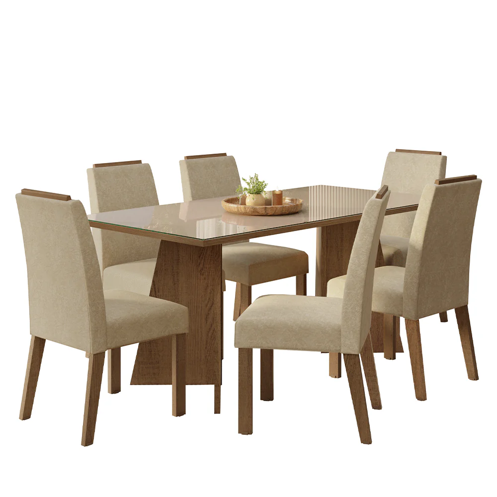 Conjunto Sala de Jantar Tampo de Vidro 6 Cadeiras Rustic/Crema/Imperial Amalfi Madesa - Image 2